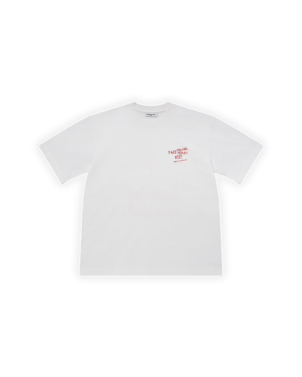 UNISEX OVERSIZE FAKE LOVE BASKILI TİŞÖRT - BEYAZ