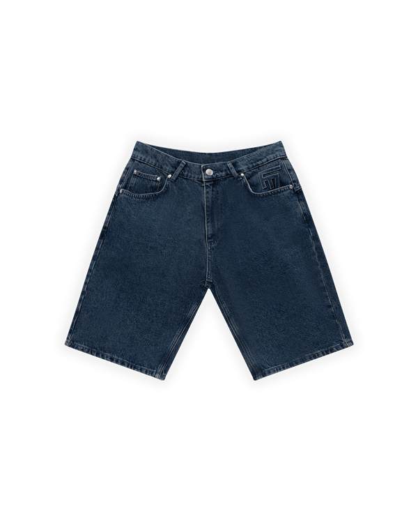 UNISEX RELAXED FIT FM ICON LOGO KABARTMALI PREMIUM DENIM  ŞORT - LACİVERT