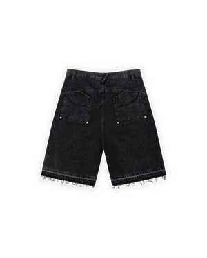 UNISEX OVERSIZE YIPRATMALI FM ICON DETAYLI PREMIUM DENIM ŞORT - SİYAH