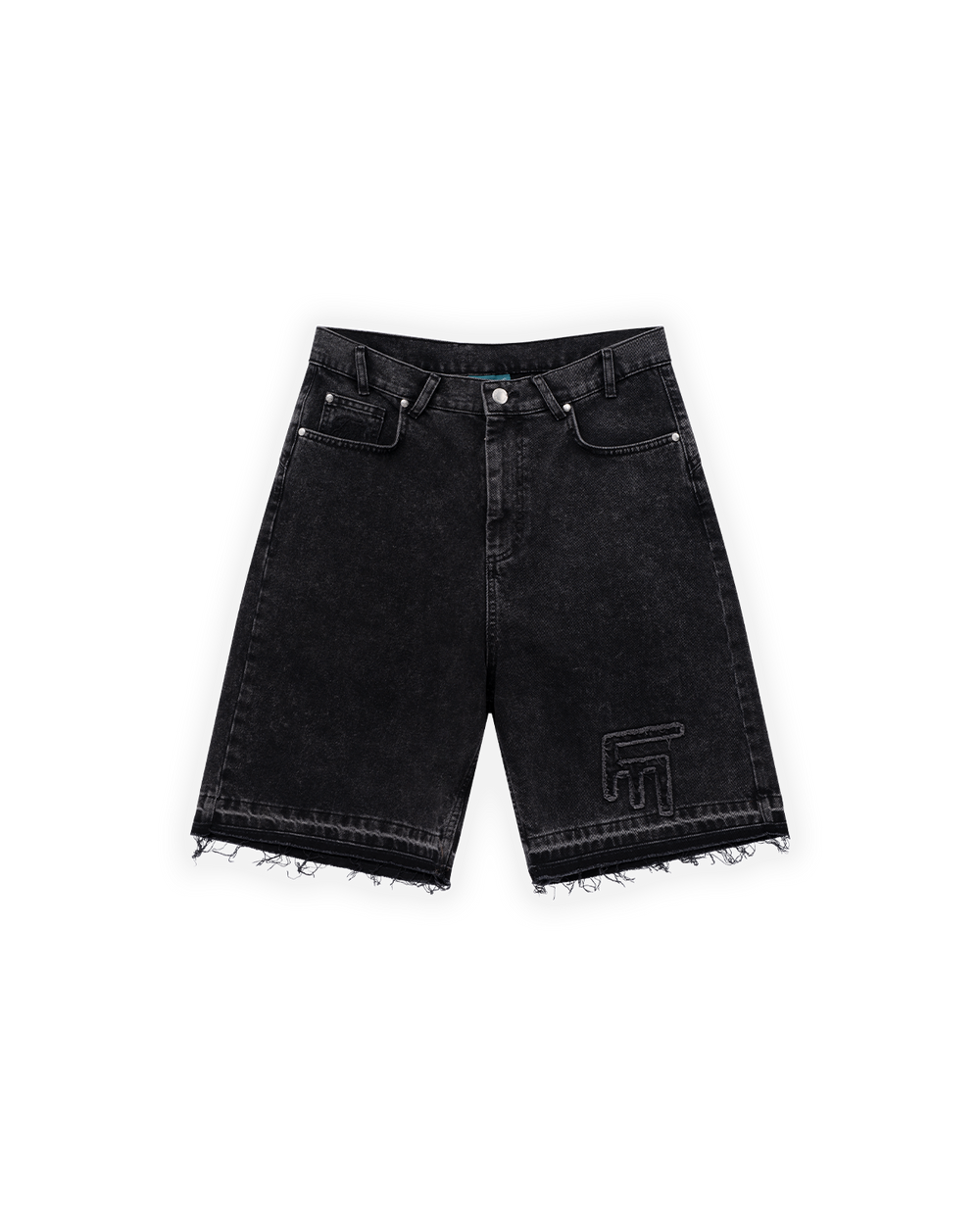 UNISEX OVERSIZE YIPRATMALI FM ICON DETAYLI PREMIUM DENIM ŞORT - SİYAH