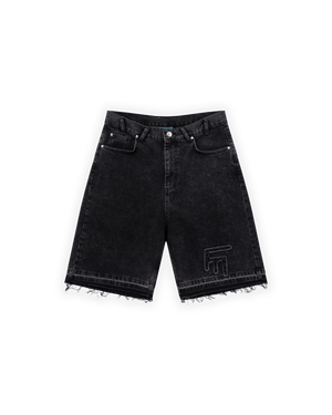 UNISEX OVERSIZE YIPRATMALI FM ICON DETAYLI PREMIUM DENIM ŞORT - SİYAH