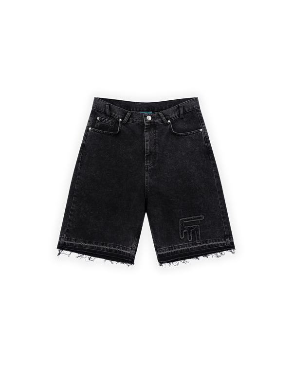 UNISEX OVERSIZE YIPRATMALI FM ICON DETAYLI PREMIUM DENIM ŞORT - SİYAH