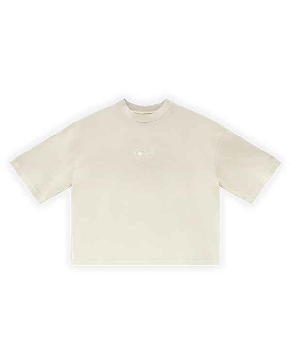 UNISEX BOXY FIT YIKAMALI SPREY EFEKTLİ BASKILI TİŞÖRT - LATTE